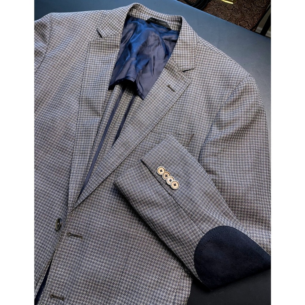 Hugo Boss Halwon 36R Grey Blue Brown Micro Check Elbow Patches Blazer WOW
